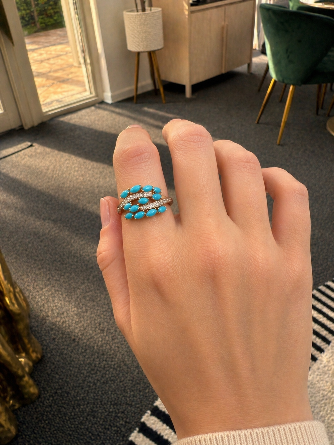 2.80ct Turquoise Diamond 14K Gold Leaf Bypass Ring