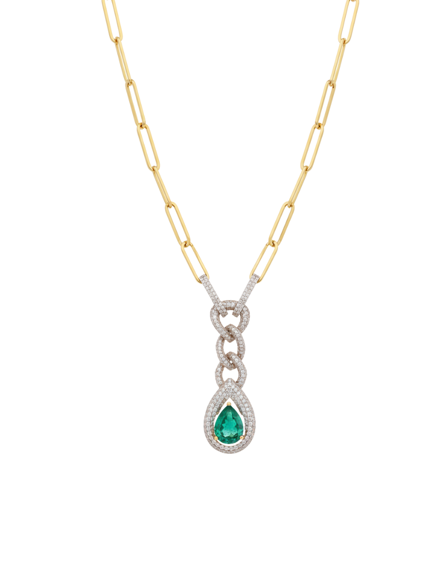 4.16ct Diamond Emerald 14K Gold Drop Chain Necklace