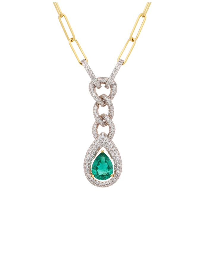 4.16ct Diamond Emerald 14K Gold Drop Chain Necklace