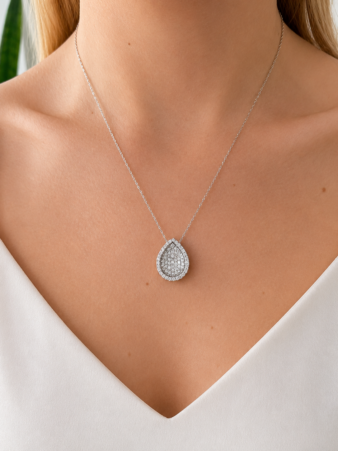 1.35ct Diamond 18K Gold Pave Pear Pendant Necklace