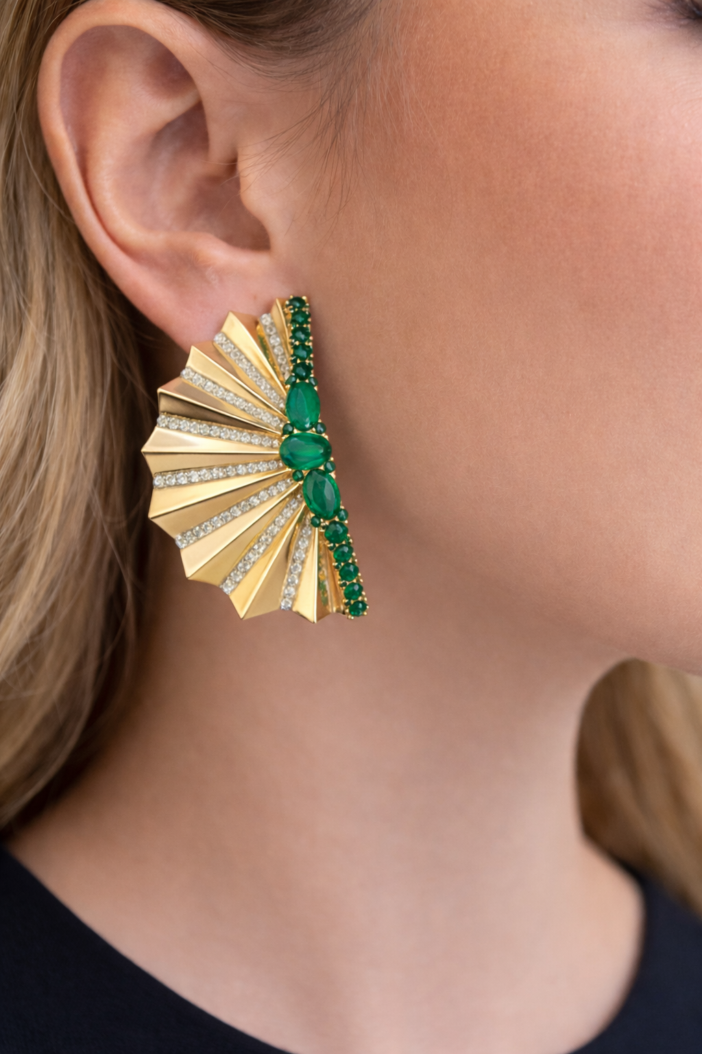 6.93ct Diamond Emerald 18K Gold Fanned Statement Earrings