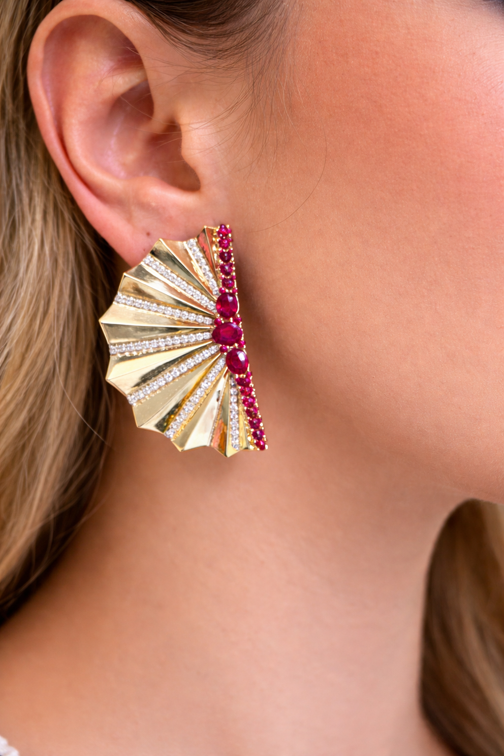 6.58ct Diamond Ruby 14K Gold Fanned Statement Earrings