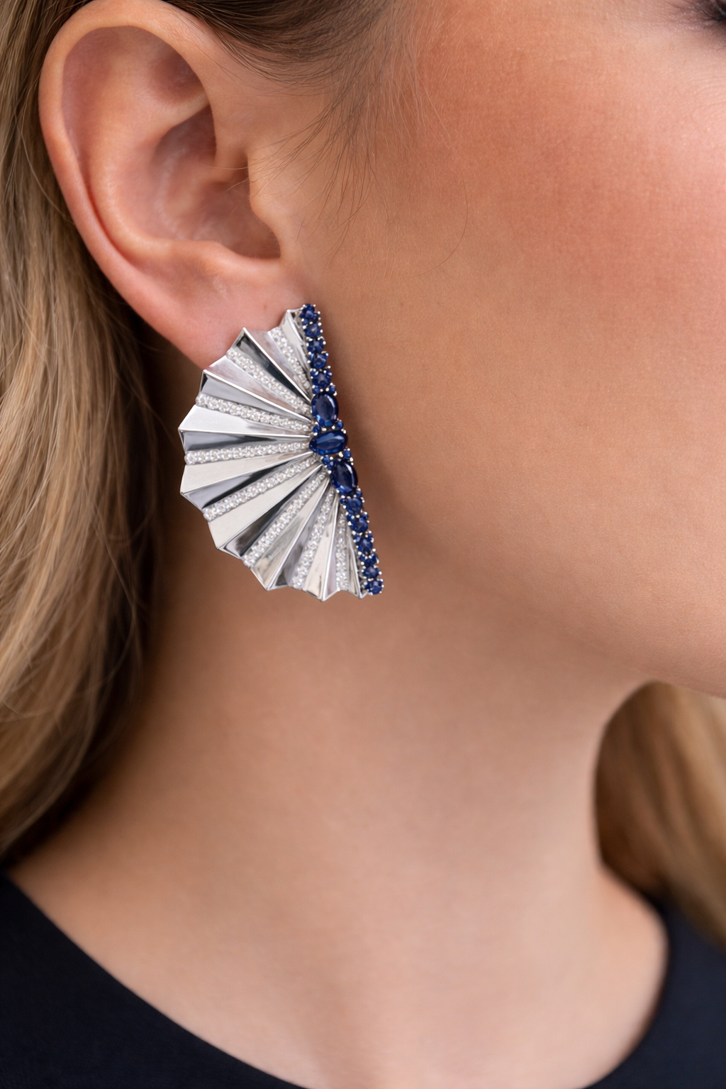 6.58ct Diamond Sapphire 14K Gold Fanned Statement Earrings