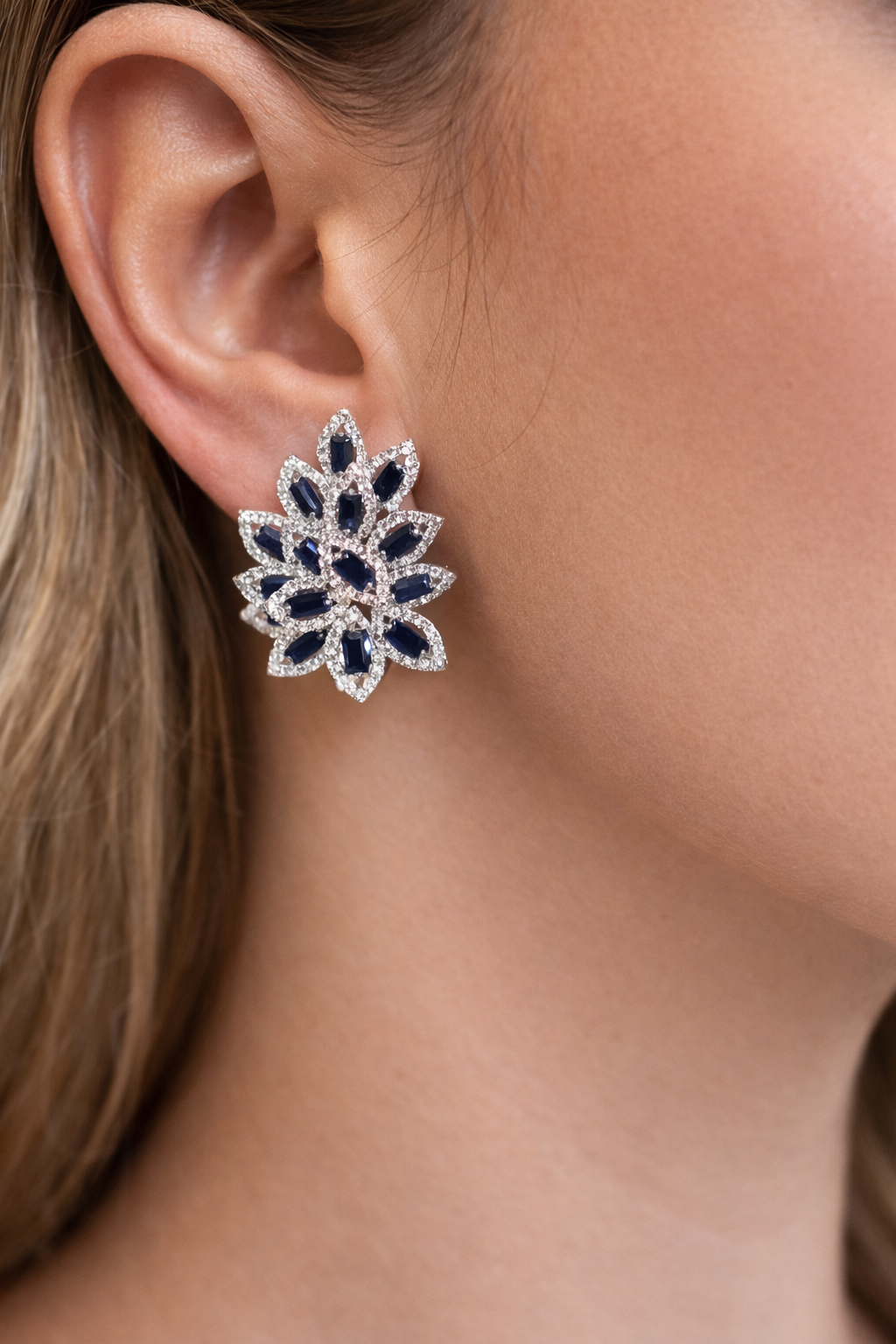 5.84ct Diamond Sapphire 14K Gold Leaf Cluster Earrings