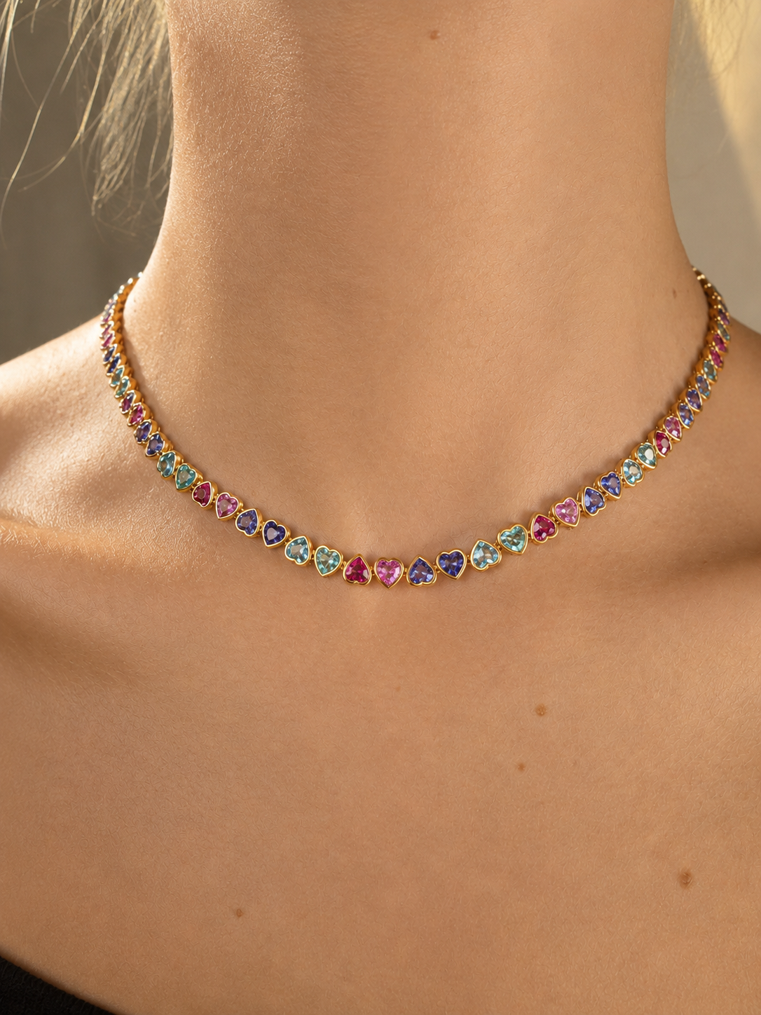23.81ct Multi Sapphire 14K Gold Bezel Heart Tennis Necklace