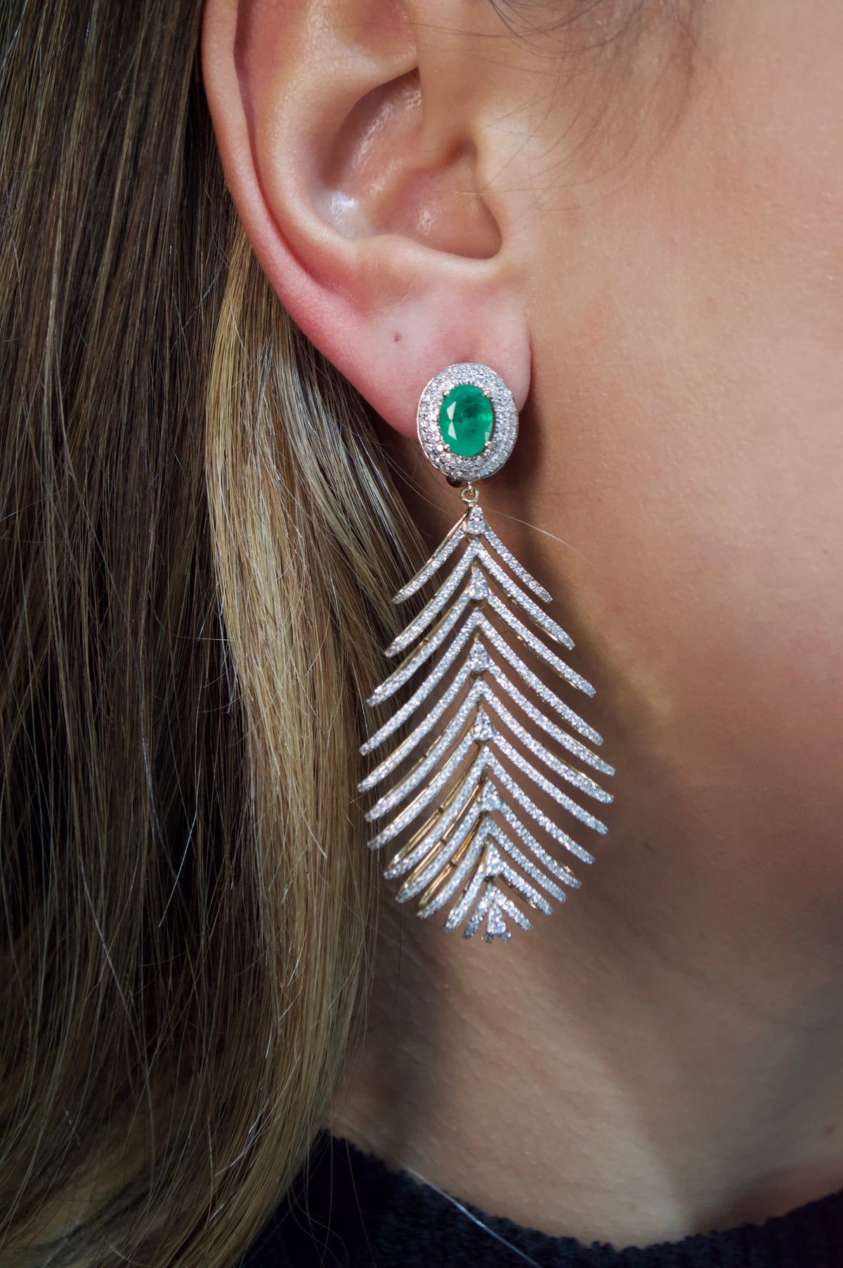 5.32ct Diamond Emerald 14K Gold Feather Earrings