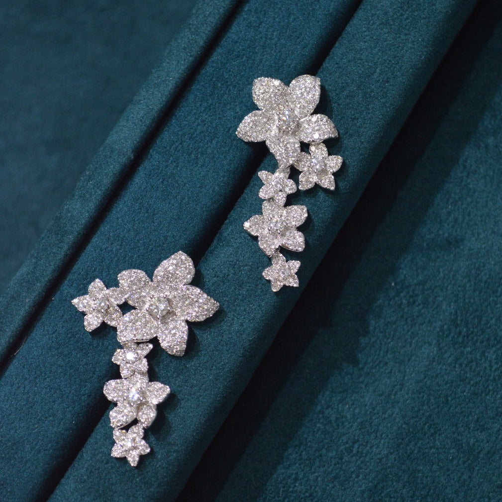 4.15ct Diamond 18K Gold Flower Cascade Earrings