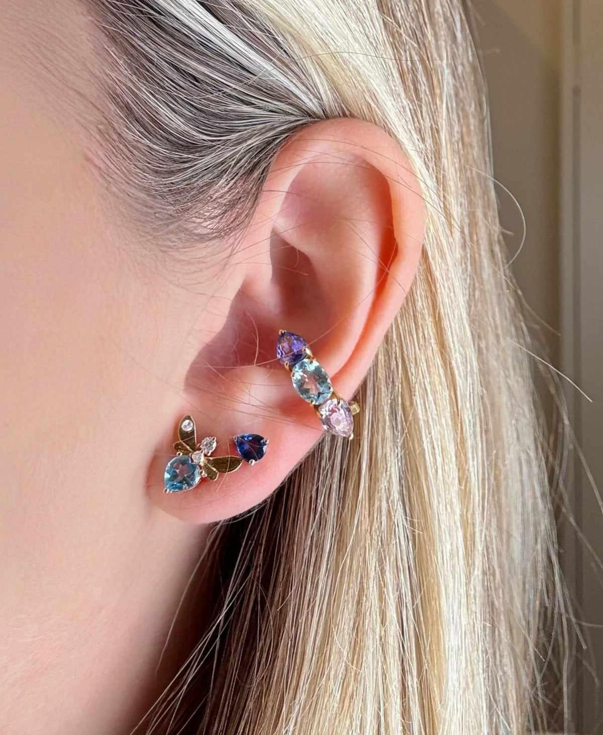 1.25ct Diamond Blue Topaz 14K Gold Fly Stud Earrings
