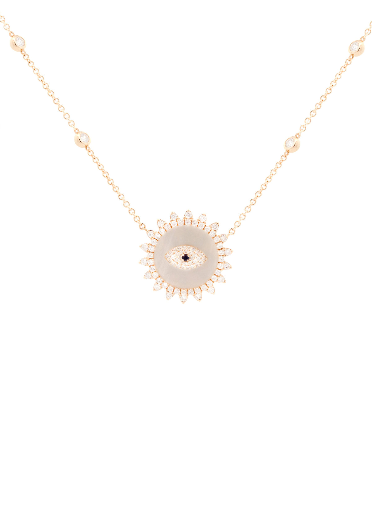 1.80ct Diamond Mother Of Pearl 14K Gold Evil Eye Pendant Chain Necklace