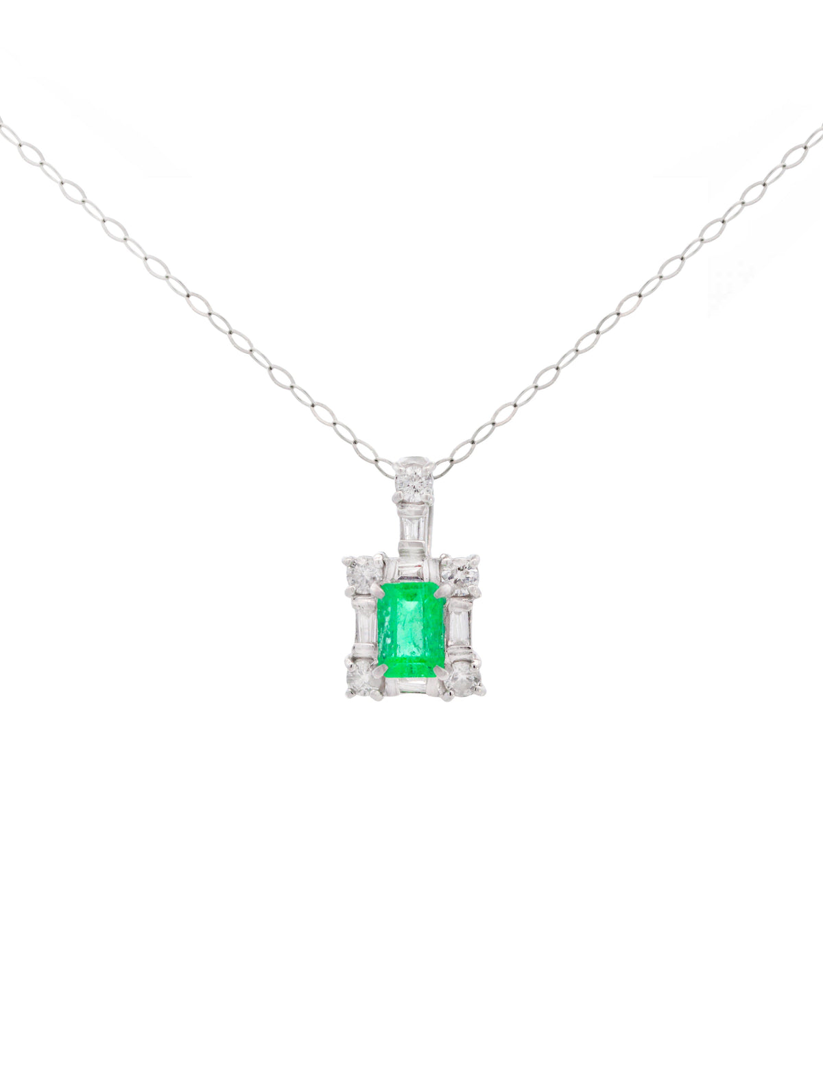 0.86ct Diamond Emerald Platinum Halo Pendant Chain Necklace