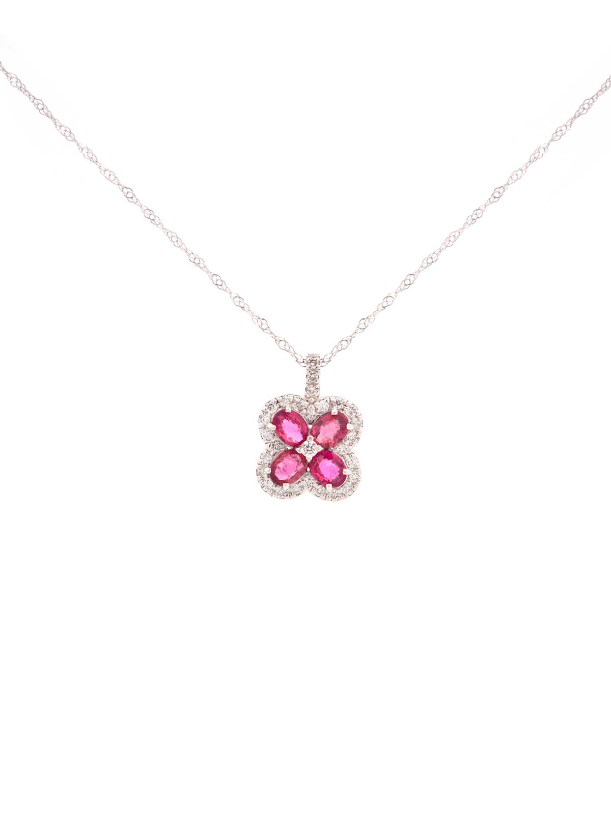 1.03ct Diamond Ruby 18K Gold Flower Pendant Chain Necklace