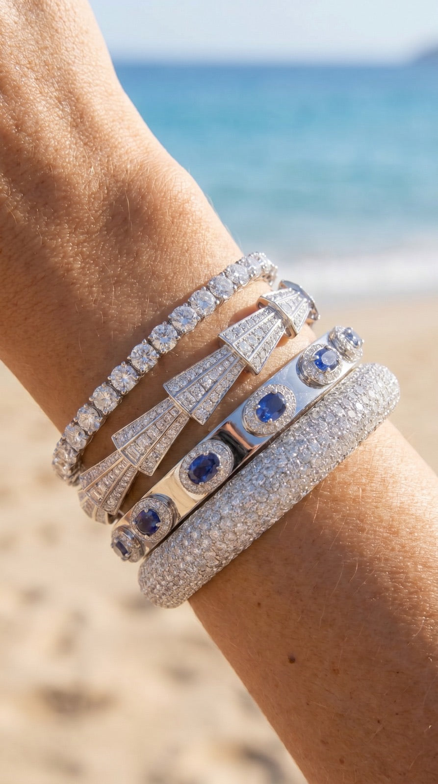 4.85ct Diamond Blue Sapphire 14K Gold Bangle Bracelet
