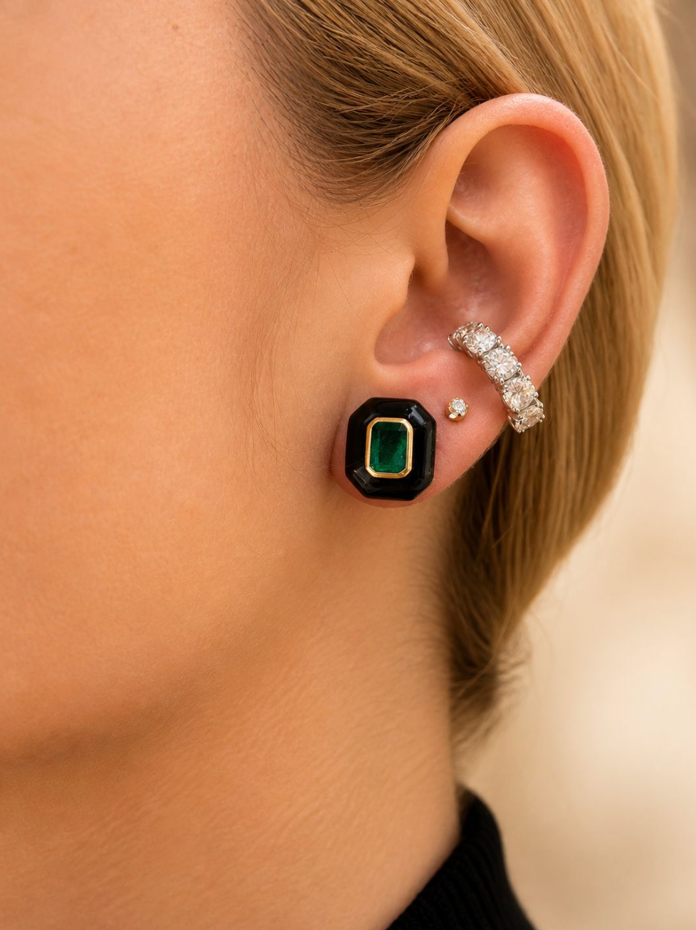 2.51ct Emerald Enamel 14K Gold Bezel Stud Earrings