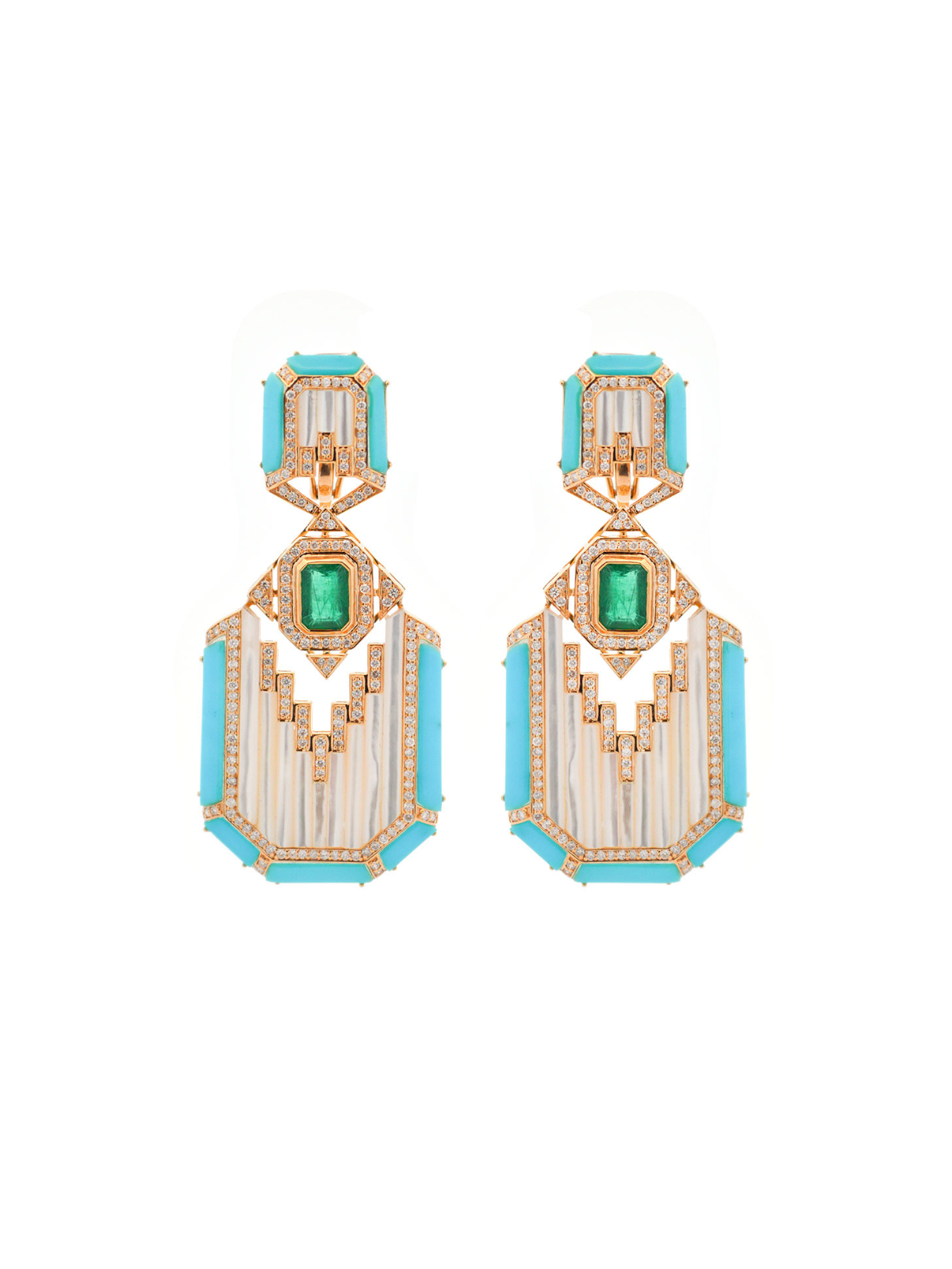 3.79ct Diamond Emerald Turquoise 18K Gold Statement Earring