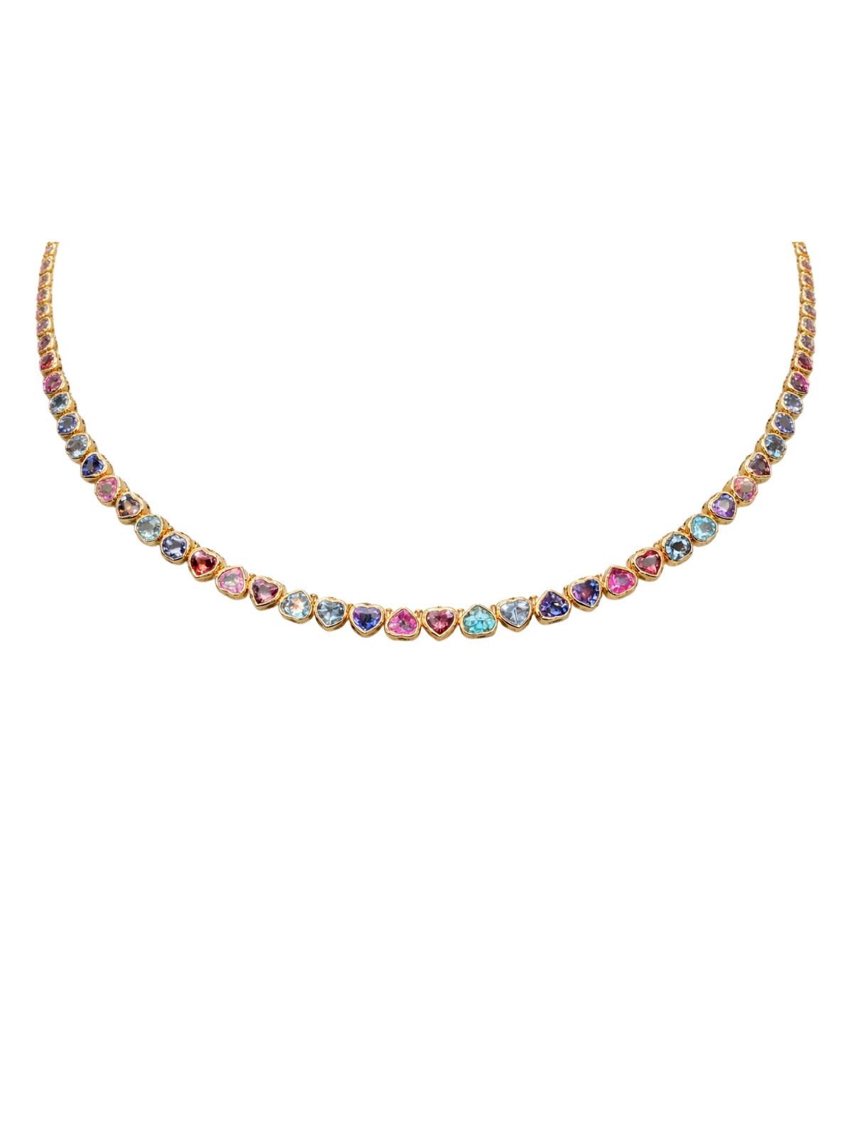 23.81ct Multi Sapphire 14K Gold Bezel Heart Tennis Necklace