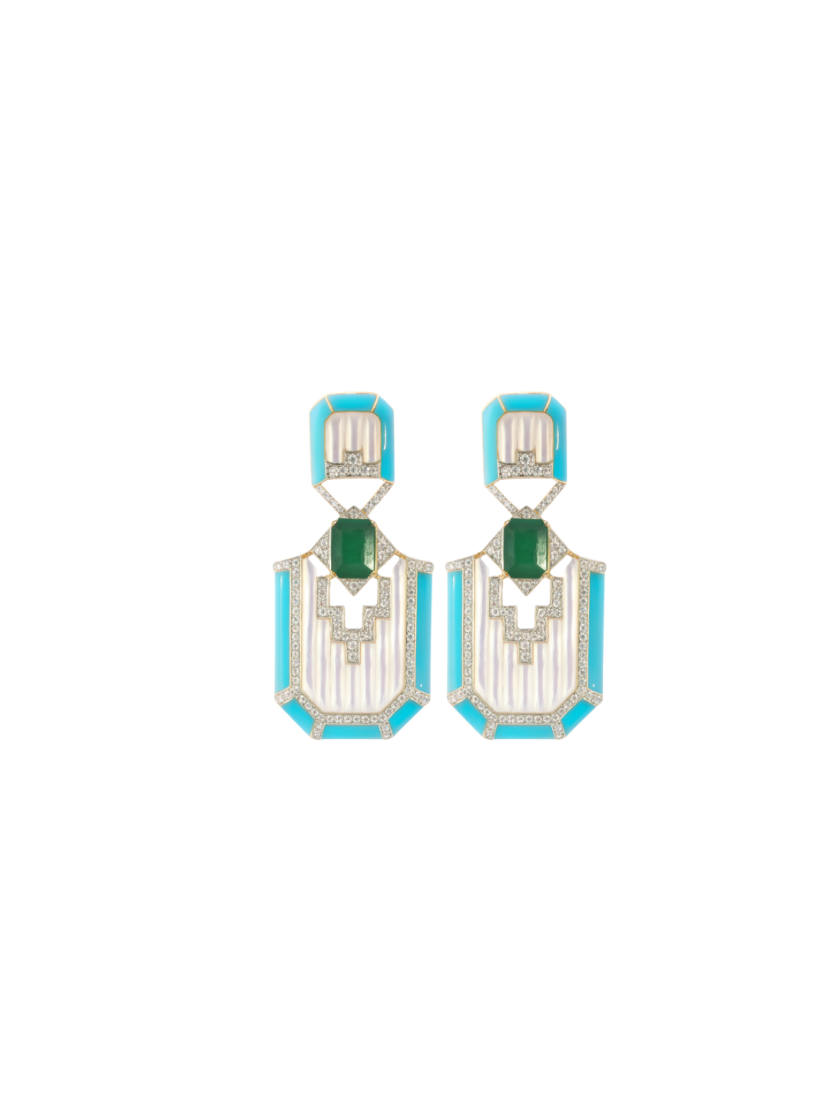 0.71ct Emerald Turquoise Diamond Mother of Pearl 18K Gold Statement Earrings