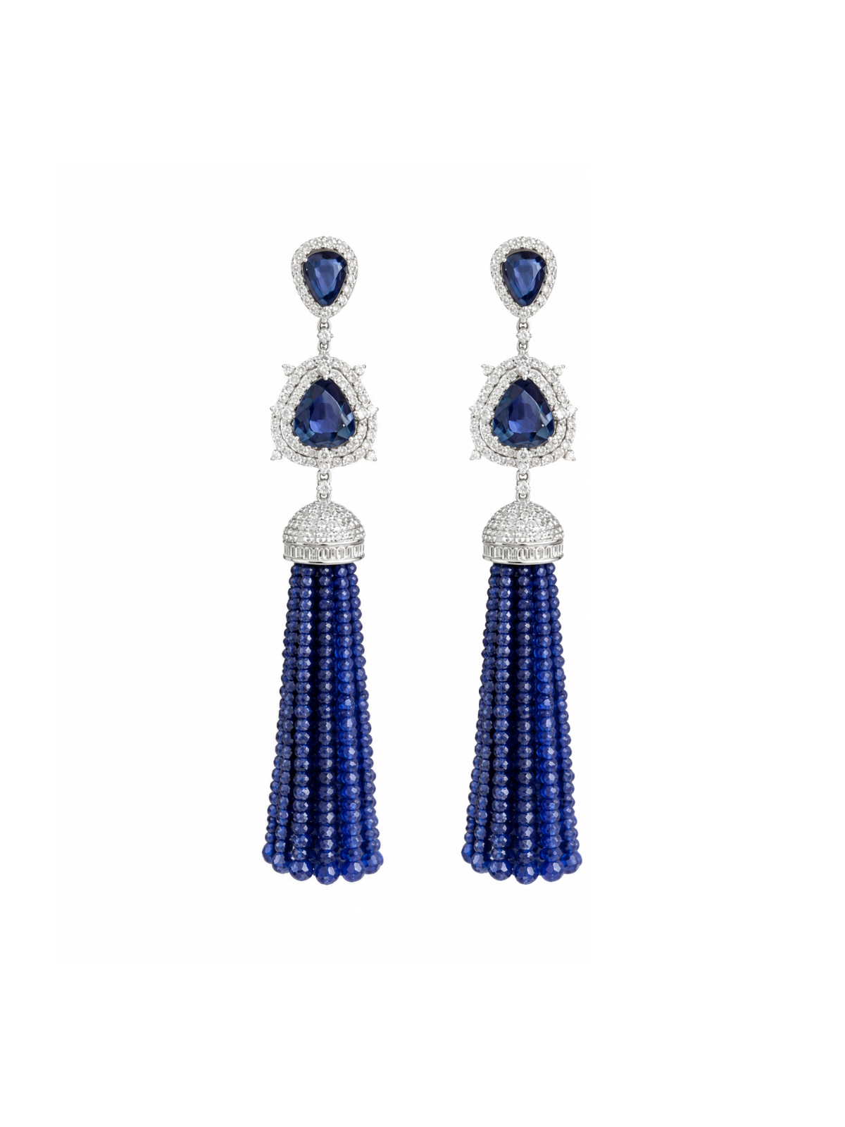 132.72ct Blue Sapphire Diamond 14K Gold Tassel Earrings