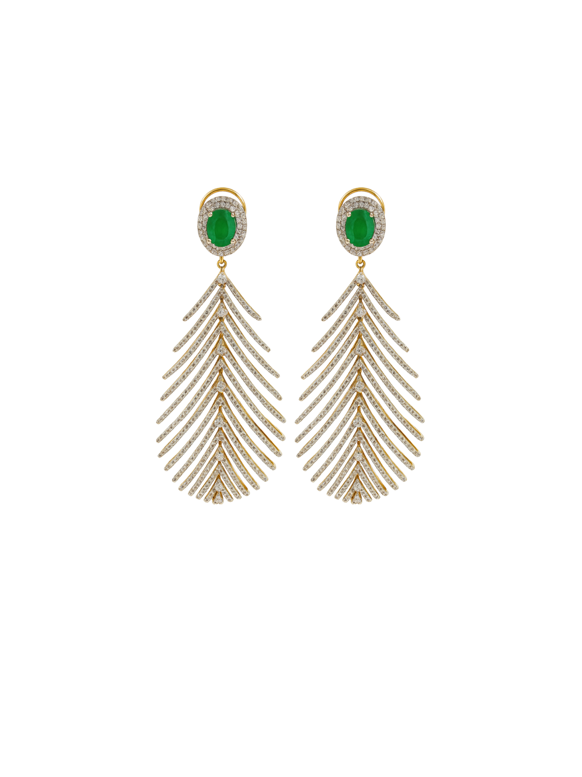 5.32ct Diamond Emerald 14K Gold Feather Earrings