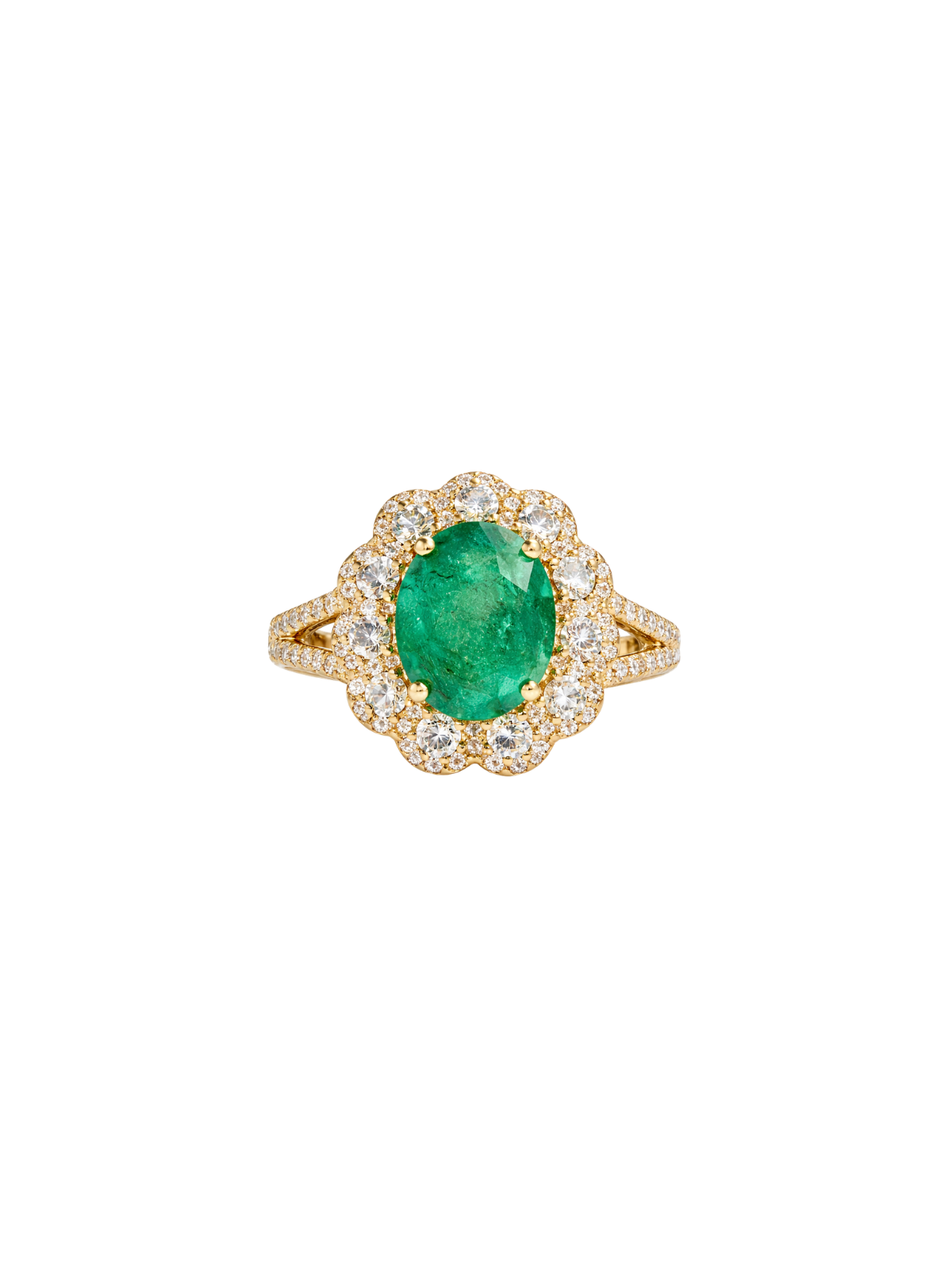 3.20ct Diamond Emerald 14K Gold Halo Cocktail Ring