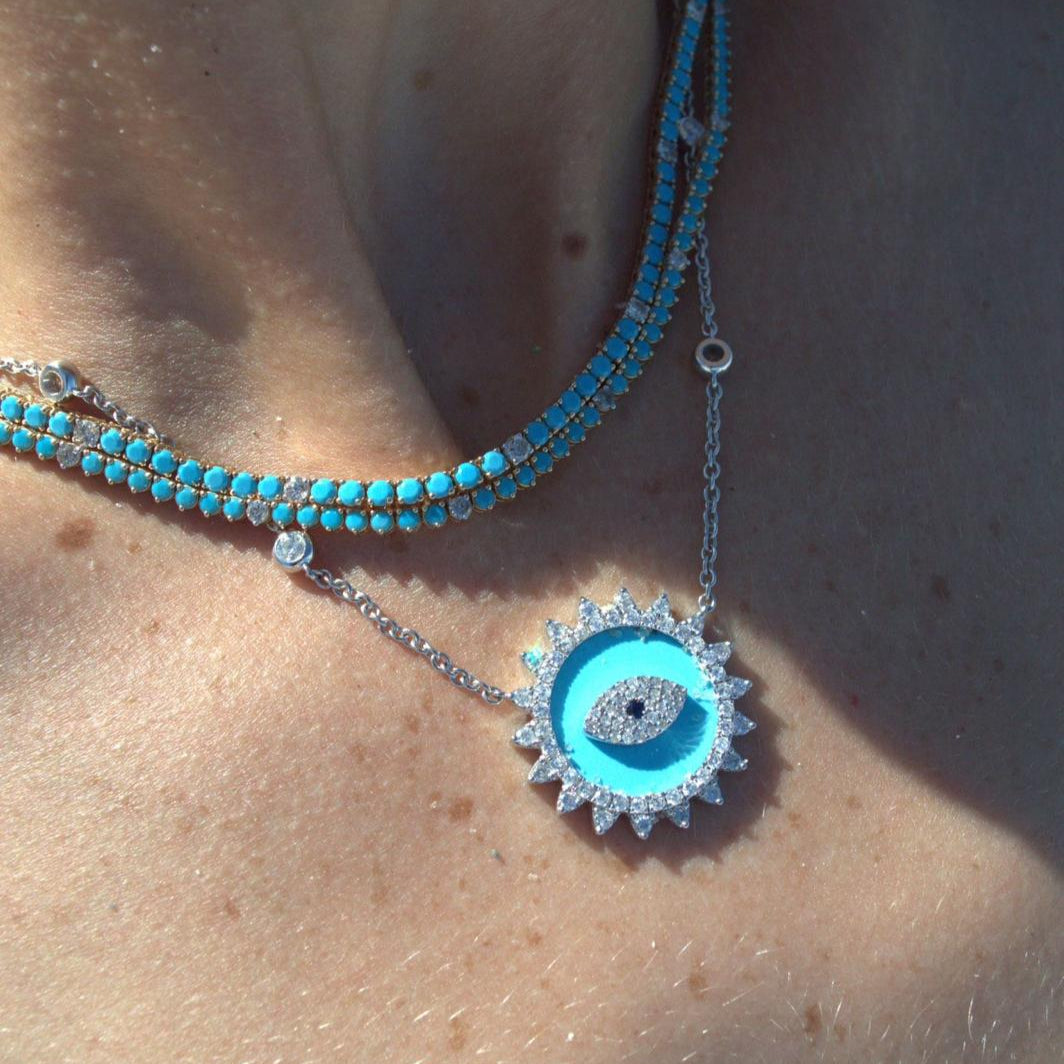 1.80ct Diamond Turquoise 14K Gold Evil Eye Pendant Chain Necklace