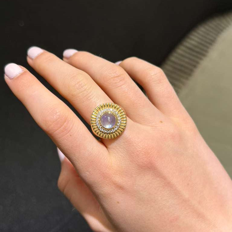 2.94ct Diamond Moon Stone 14K Gold Fluted Ring