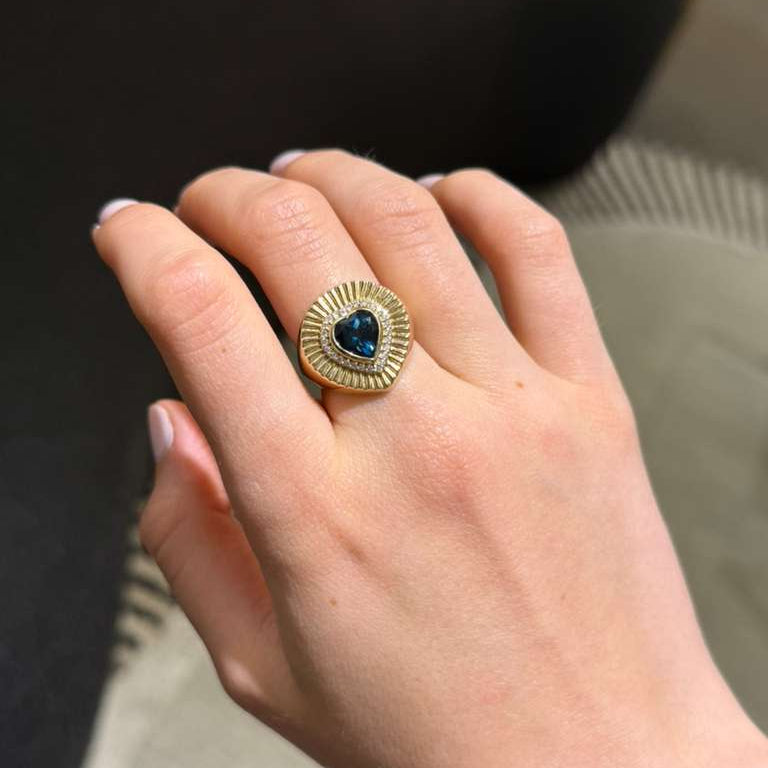 2.72ct Blue Topaz Diamond 14K Gold Fluted Heart Ring