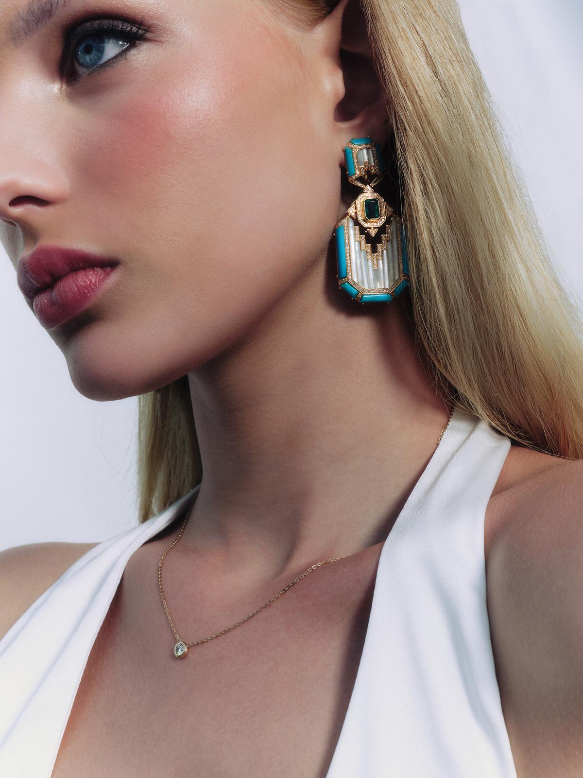 3.79ct Diamond Emerald Turquoise 18K Gold Statement Earring