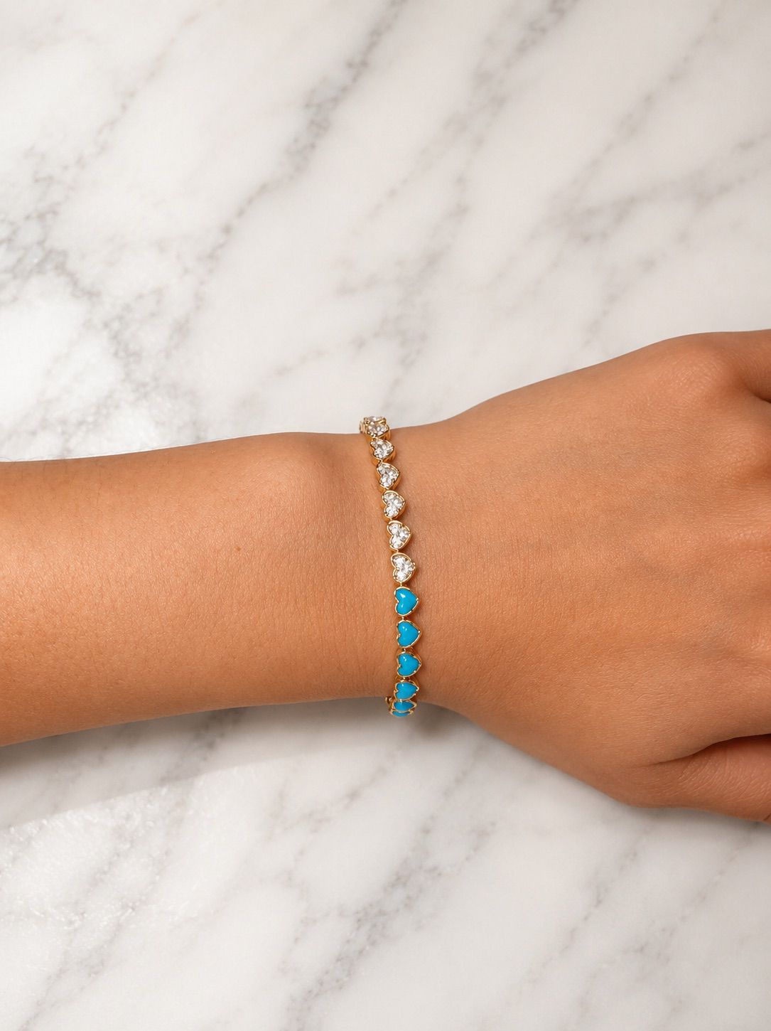 7.16ct Turquoise Diamond 14K Gold Heart Tennis Bracelet