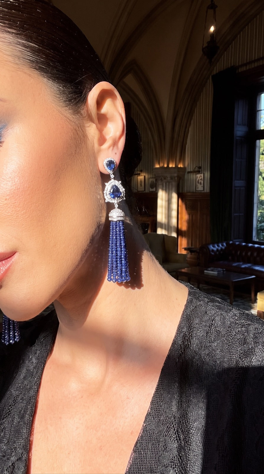 132.72ct Blue Sapphire Diamond 14K Gold Tassel Earrings
